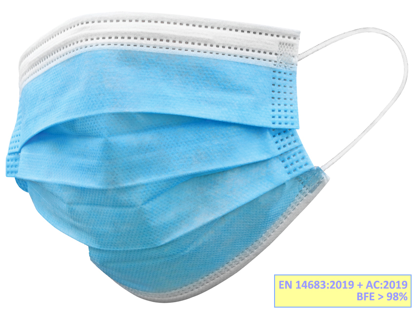 GISAFE MASCHERINA CHIRURGICA FILTRANTE 98% 3 VELI tipo IIR con elastici - adulti - azzurra - flowpack