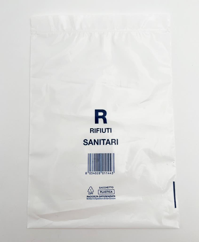 Sacchetto per rifiuti sanitari 35x25cm, chiusura minigrip, stampa R
