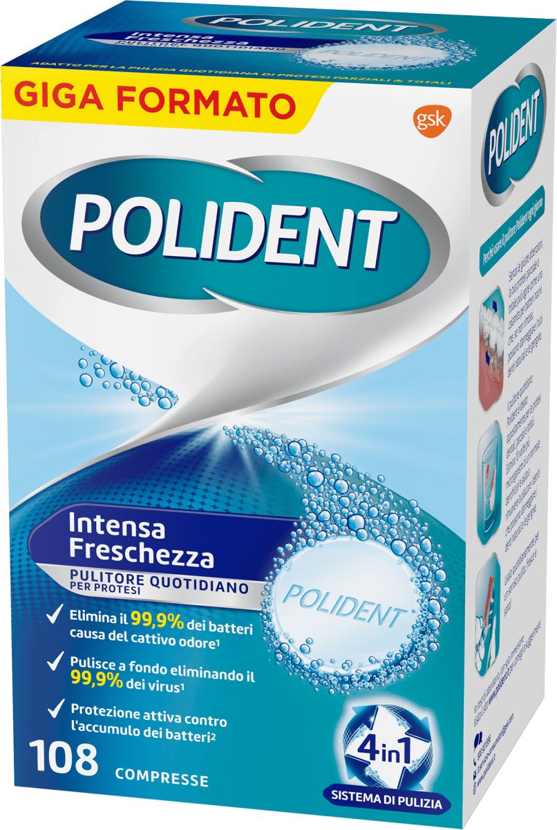 Compresse antibatteriche per dentiere Polident (confezione 108 pezzi)