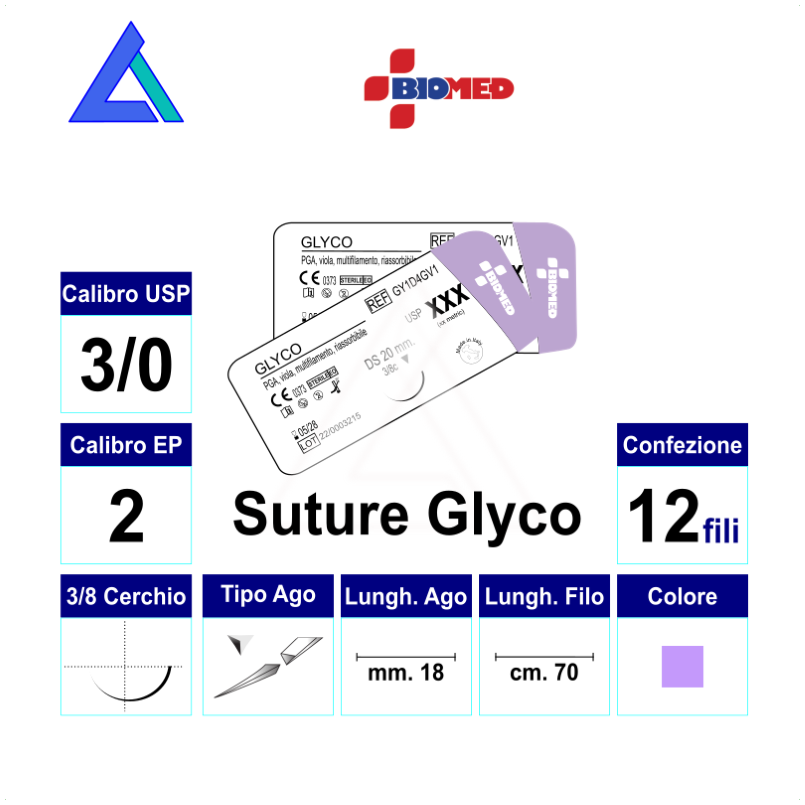Sutura Glyco DS24 USP 3-0 cm.70 - ago 3/8 triang.plurifilamento assorbibile