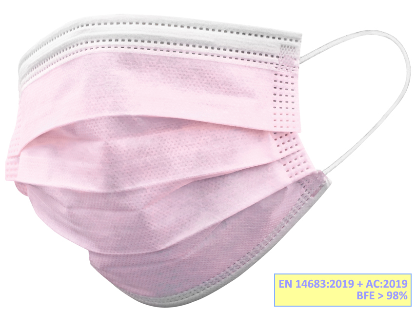 GISAFE MASCHERINA CHIRURGICA FILTRANTE 98% 3 VELI tipo IIR con elastici - adulti - rosa - scatola
