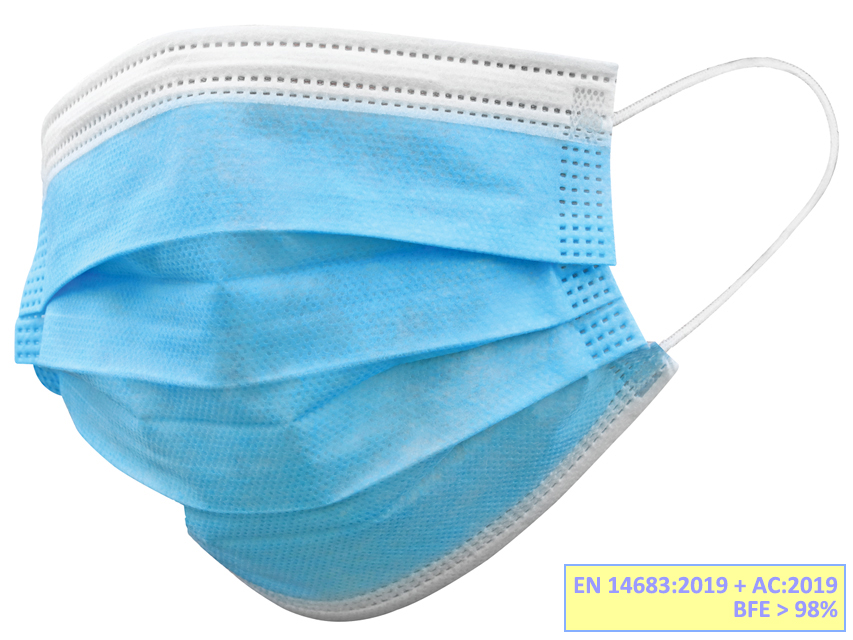 GISAFE MASCHERINA CHIRURGICA FILTRANTE 98% 3 VELI tipo IIR con elastici - adulti - azzurra - imbustata singolarmente - scatola