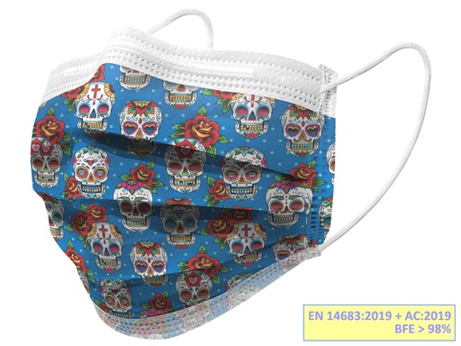 [20690] GISAFE MASCHERINA CHIRURGICA FILTRANTE 98% 3 VELI tipo IIR con elastici - adulti - teschi - flowpack