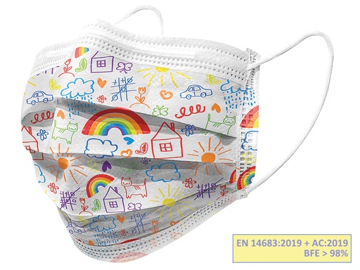 [20685] GISAFE MASCHERINA CHIRURGICA FILTRANTE 98% 3 VELI tipo IIR con elastici - adulti - cartoon - flowpack