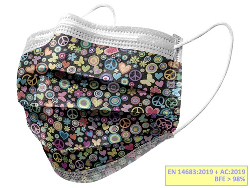 [20686] GISAFE MASCHERINA CHIRURGICA FILTRANTE 98% 3 VELI tipo IIR con elastici - adulti - peace - flowpack