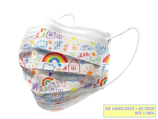 [20682] GISAFE MASCHERINA CHIRURGICA FILTRANTE 98% 3 VELI tipo IIR con elastici - pediatrica - cartoon - flowpack