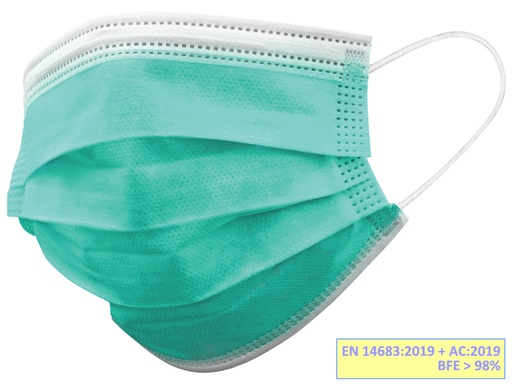 [20699] GISAFE MASCHERINA CHIRURGICA FILTRANTE 98% 3 VELI tipo IIR con elastici - adulti - verde chiaro - scatola